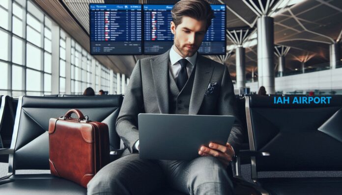 Executive waiting at the airport while reading the news. Executive waiting at the airport while reading the news.