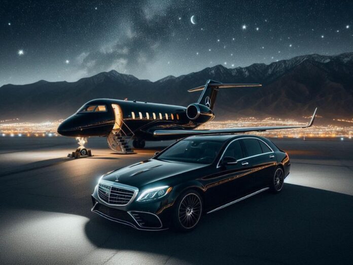 A black Mercedes Mayback sitting In front of a black private jet 1200x900