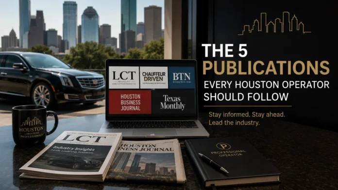 Professional Houston limousine industry article hero image featuring luxury SUV, Houston skyline, business publications, and executive transportation workspace.