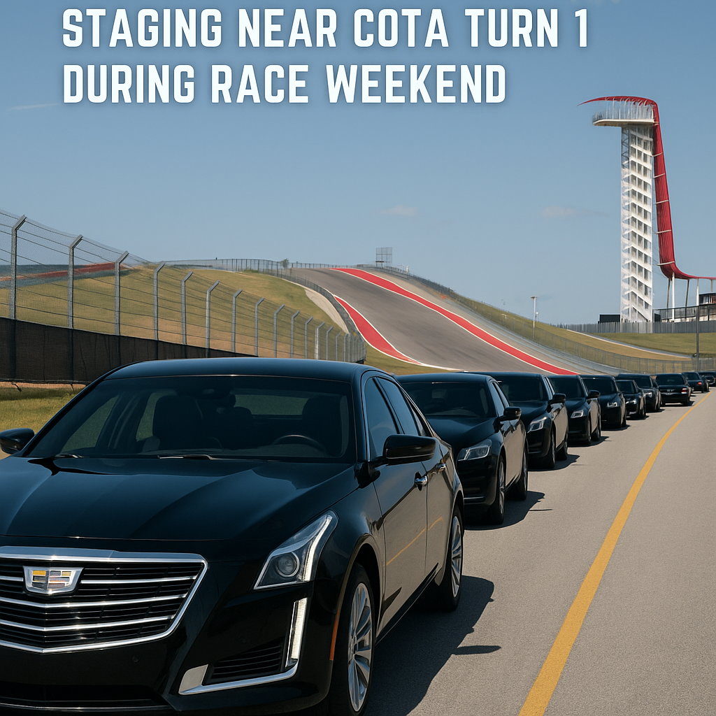 Black cars stagging near COTA Turn 1 during US Grand Prix Austin 2025.