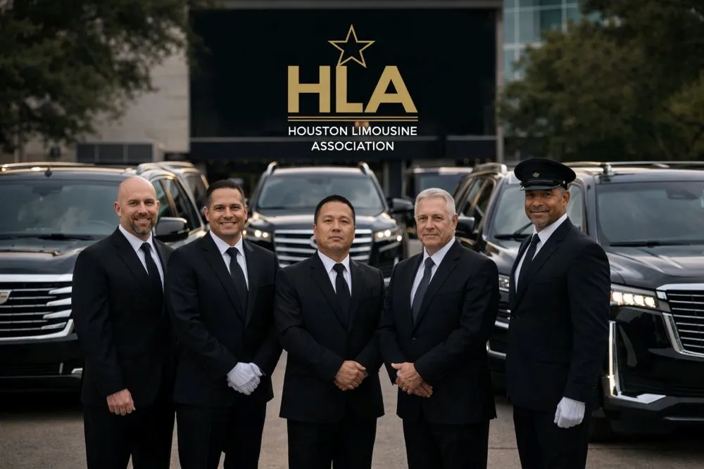 Houston Limousine Association member chauffeurs standing in front of luxury fleet vehicles