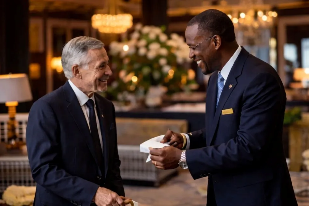 Luxury hotel concierge assisting guest in elegant lobby demonstrating personalized hospitality service