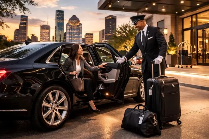 Executive entering luxury black car service in downtown Houston