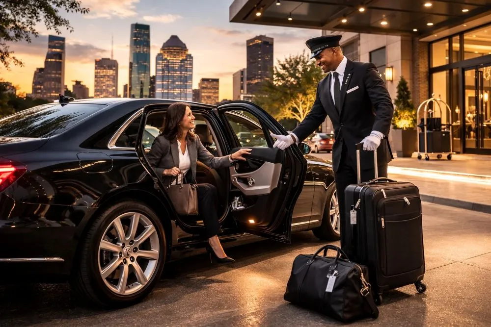 Professional Houston chauffeur assisting executive passenger with luggage outside luxury hotel