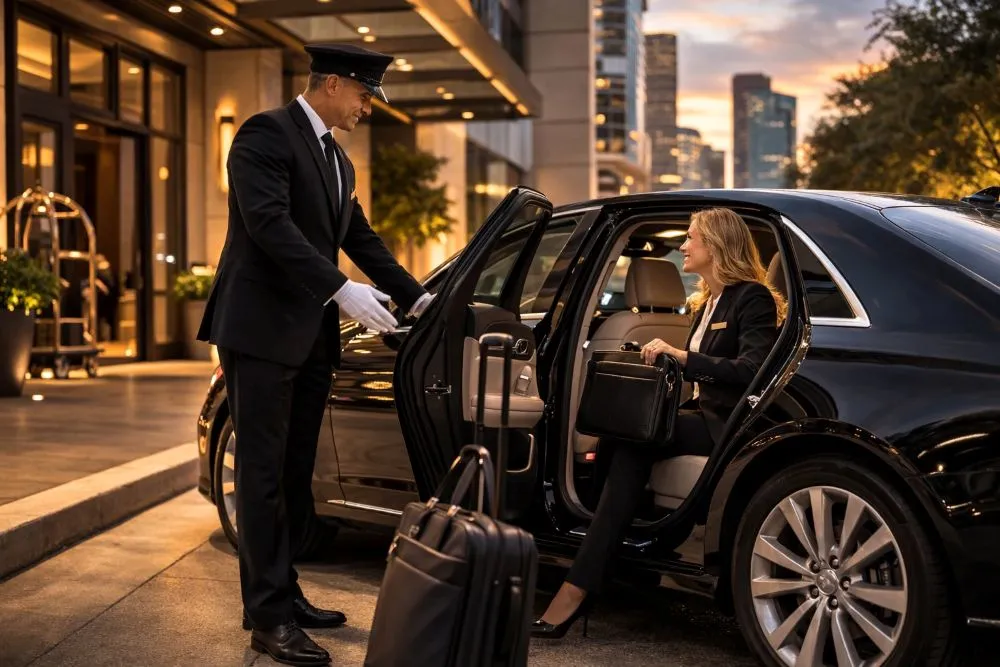 Professional black car chauffeur service in downtown Houston with luxury sedan and executive passenger