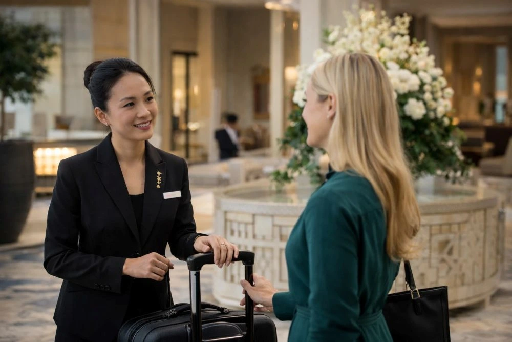 Luxury hotel concierge welcoming guest in elegant minimalist lobby reflecting emotional intelligence in hospitality