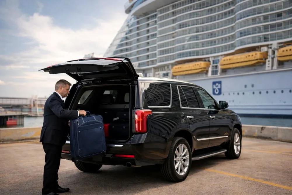 Professional chauffeur loading luggage for cruise passengers at the Port of Galveston near Royal Caribbean ship