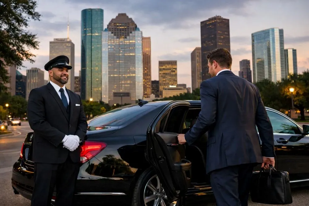 Professional black car chauffeur service in downtown Houston with luxury sedan and executive passenger