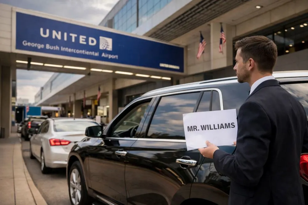Professional chauffeur holding pickup sign at George Bush Intercontinental Airport in Houston for executive passenger