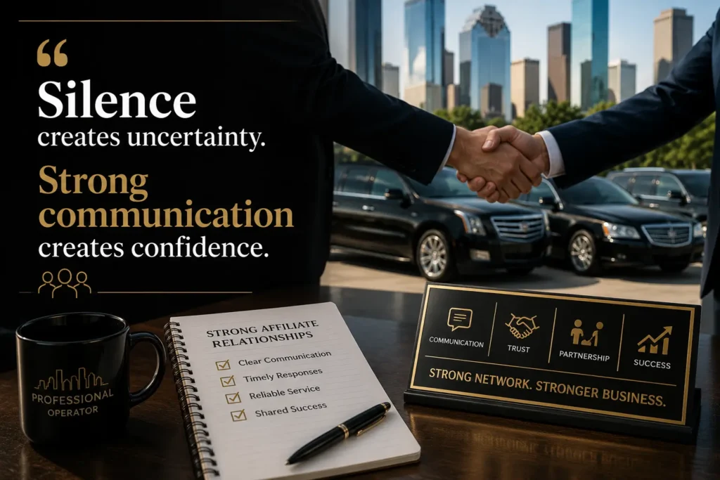 Professional affiliate network image featuring business handshake, luxury transportation fleet, and quote about communication and confidence in the limousine industry.