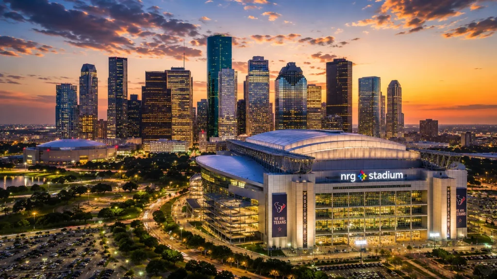 Houston skyline and Houston Stadium illuminated at sunset during FIFA World Cup 2026 transportation preparation