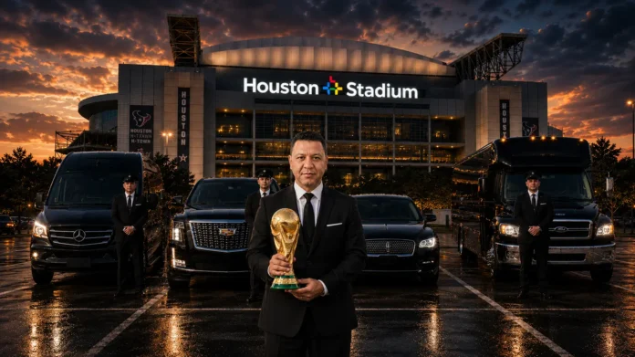 Houston limousine fleet and professional chauffeurs in front of Houston Stadium during FIFA World Cup transportation preparation