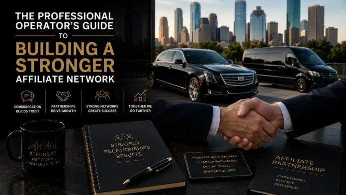 Professional affiliate network hero image featuring luxury transportation vehicles, business handshake, Houston skyline, and corporate partnership branding.